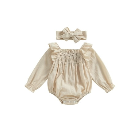 

Wassery Baby Girls Rompers Infant Long Sleeve Ruched Jumpsuits Newborn Fall Casual Clothes Bodysuits with Headband 0-18M