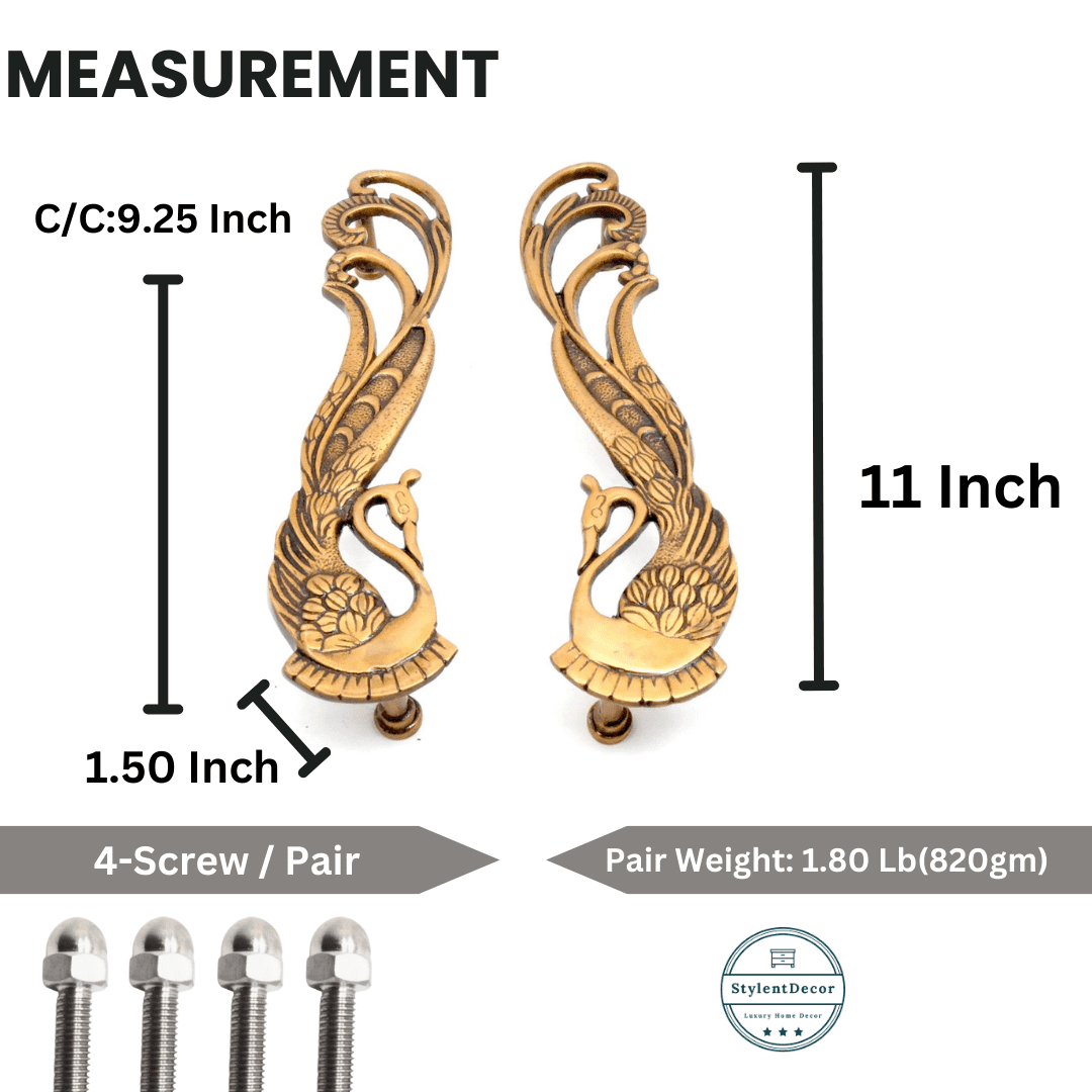 STYLENT DECOR Peacock Design Brass Door Handle Pair, Main Door Handles, Door Handles For Main Door, Material - Brass, Standard, Pack Of 2 Handles - Brass, Pull Handle (11 Inches Both Pair)