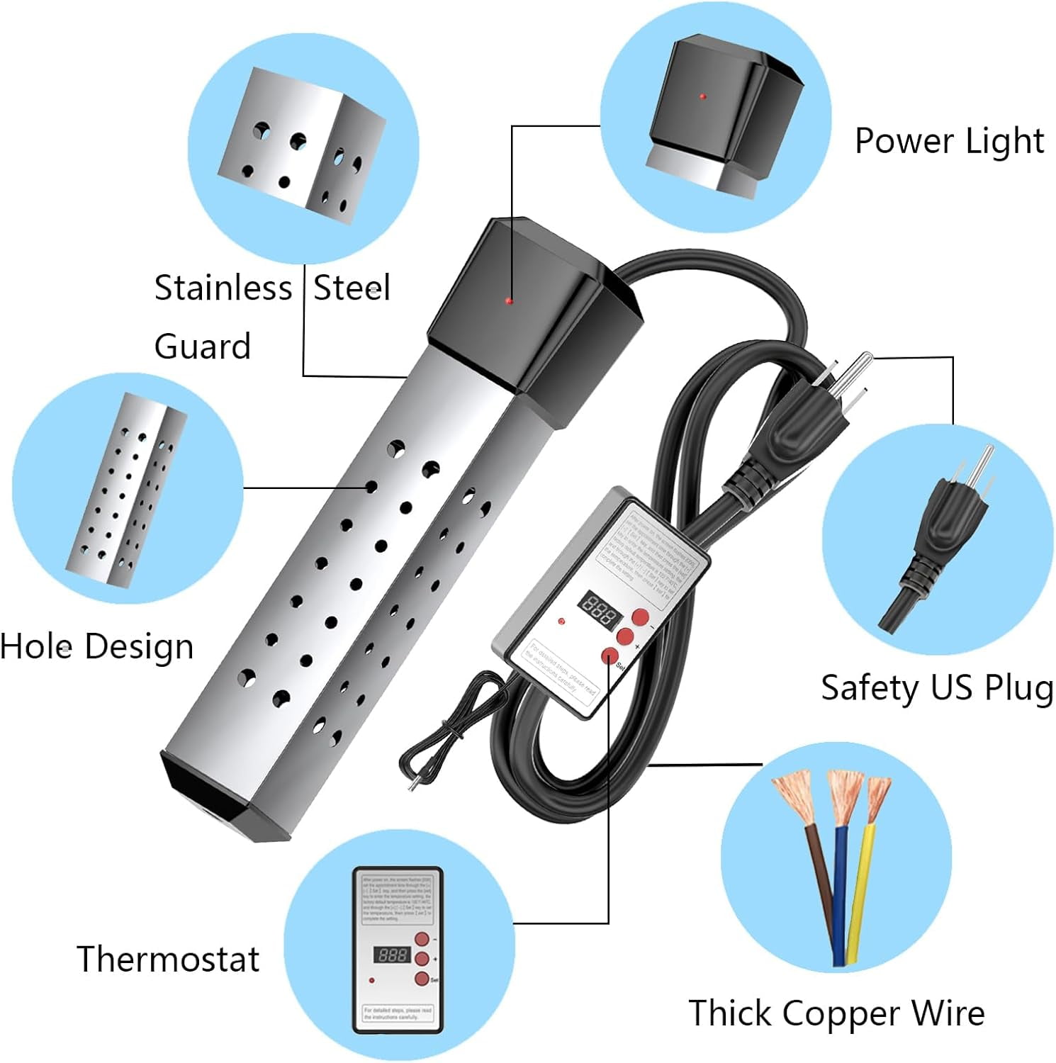 Immersion Water Heater with Thermostat,2000W Heater for Inflatable Above Ground Swimming Pool, Portable Submersible Bucket Heater, Bathtub Electric Water Heater with  Stainless Guard
