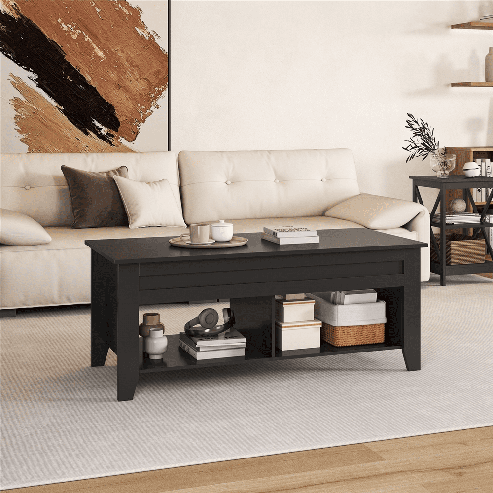 Alden Design 41" Lift Top Coffee Table with 2 Storage Compartments for Living Room, Black