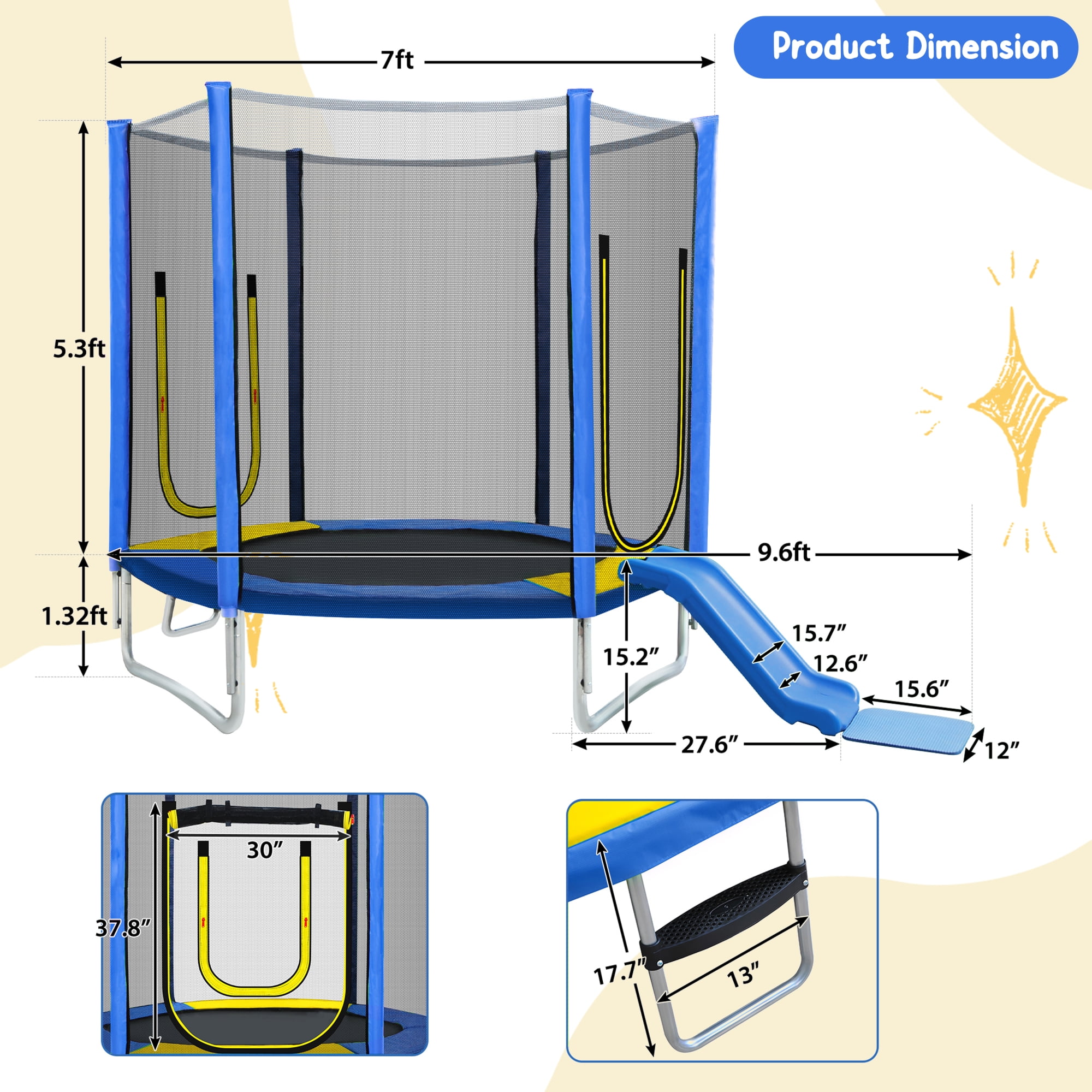 7FT Trampoline for Kids,Outdoor Recreational Trampoline with Safety Enclosure Net,Blue