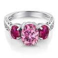 thumbnail image 3 of Gem Stone King 925 Sterling Silver 3-Stone Ring Oval Pink Moissanite and Created Ruby Red (3.00 Cttw, Size 7), 3 of 6