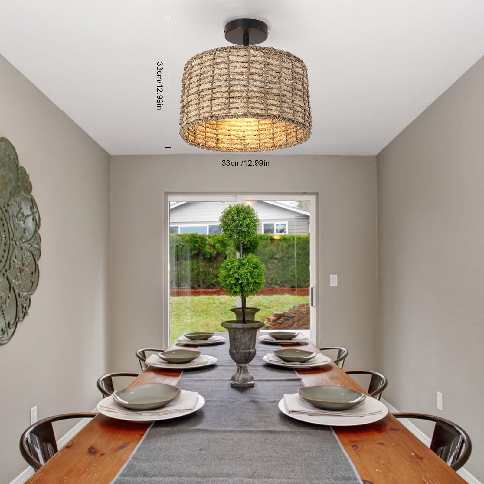 TFCFL 2-Light Vintage Rattan Pendant Light Fixture Hanging Ceiling Lamp Semi Flush Mount Chandelier