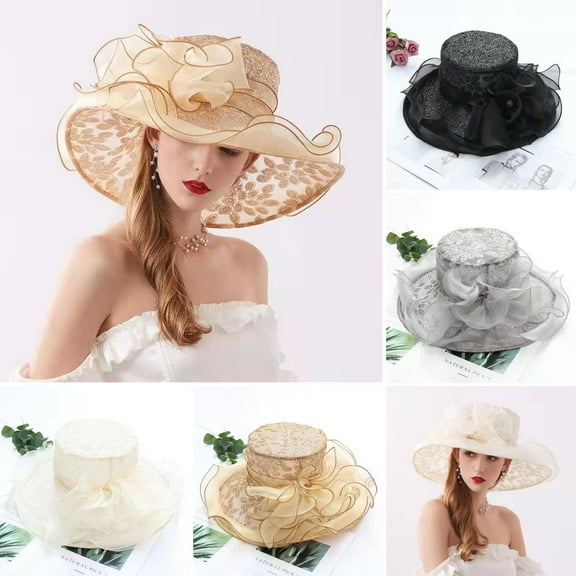 Walbest Women Church Cap Wide Brim Cloth Flower Foldable Hot Stamping Sequins Sun Hat Wedding Bowler Hat