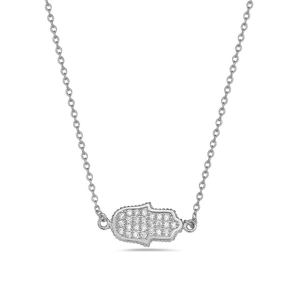 925 Sterling Silver Sideways Hamsa White CZ Pendant Necklace