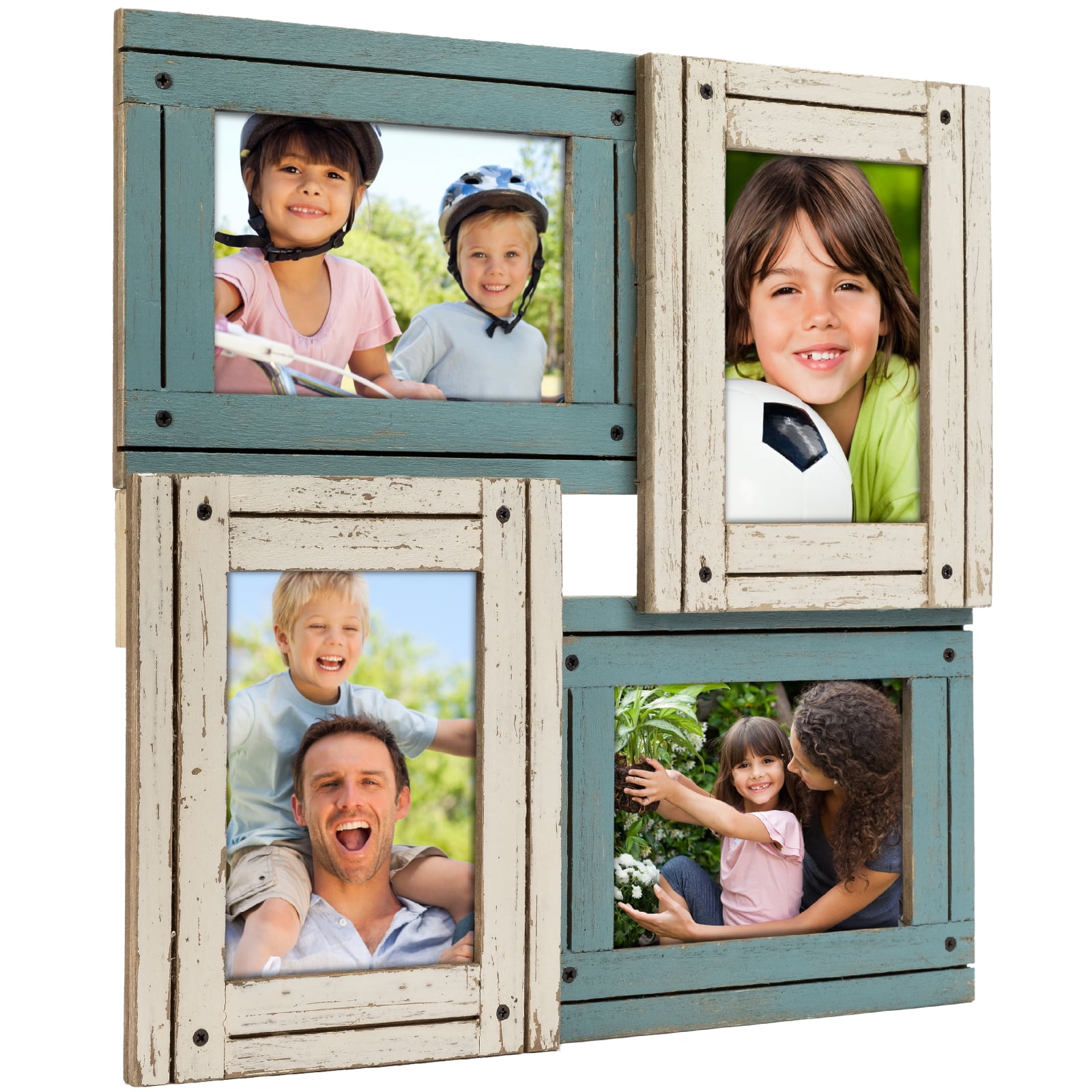 Display Multiple 4” x 6” Photos Family Photo Board Distressed Wood Frame Wall Decor Barnyard Designs Rustic Farmhouse Picture Frame Collage 15.75 x 13.75” White 