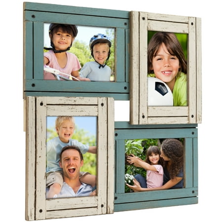 Collage Picture Frames from Rustic Distressed Wood: Holds Four 4x6 Photos: Ready to Hang. Shabby Chic, Driftwood, Barnwood, Farmhouse, Reclaimed Wood Picture Frame Collage (White & (Best Way To Hang Photos)