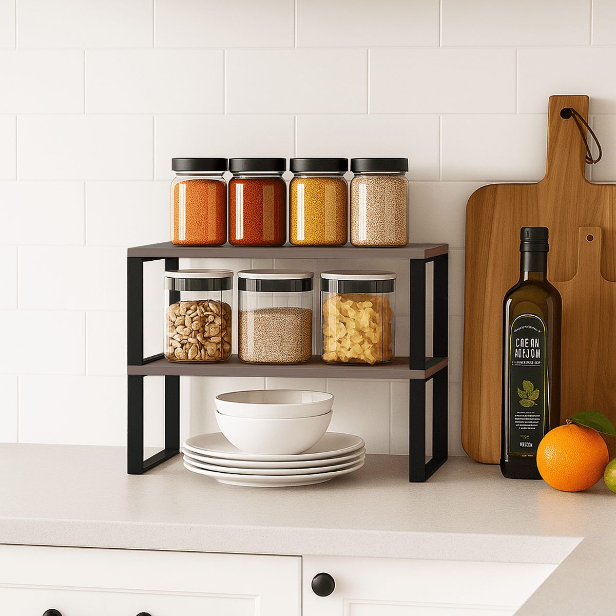 Sben Kitchen Cabinet Organizer Shelf Set of 2, Stackable Expandable Counter Shelves, Spice Rack, Bamboo Metal, Brown, Kitchen Pantry Storage