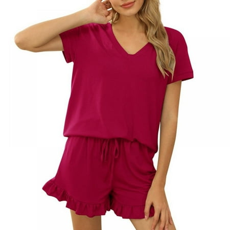 

Womens Solid Pajamas Set V Neck Short Sleeve Tops and Shorts Sleepwear Loungewear Ruffle Hem Nightwear Set