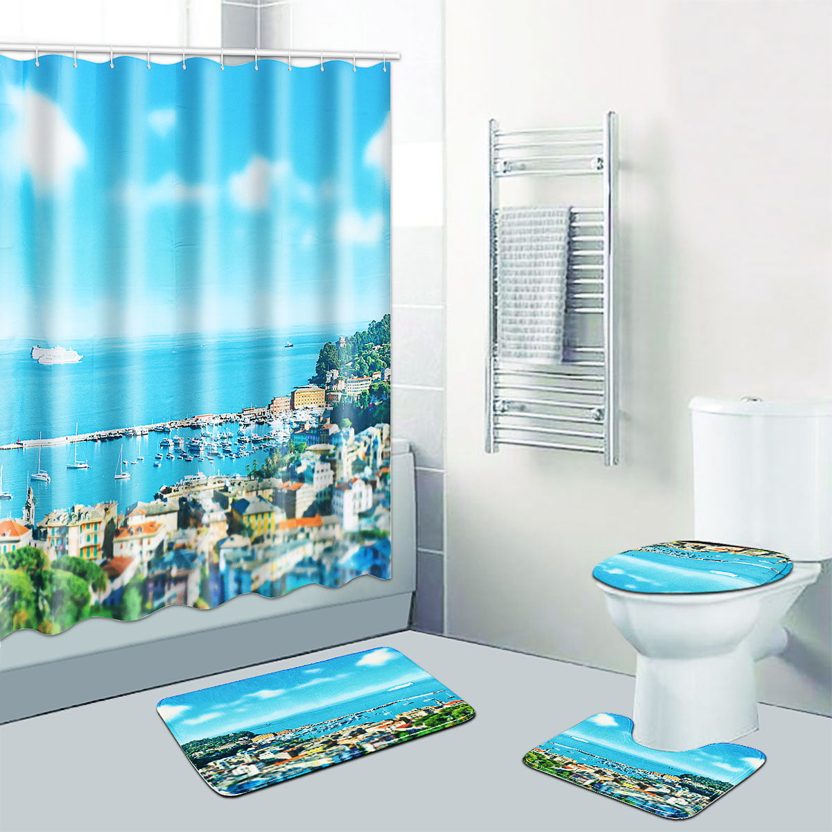 Summer Sea Travel Polyester Waterproof Bathroom Fabric Shower Curtain 12 Hook 