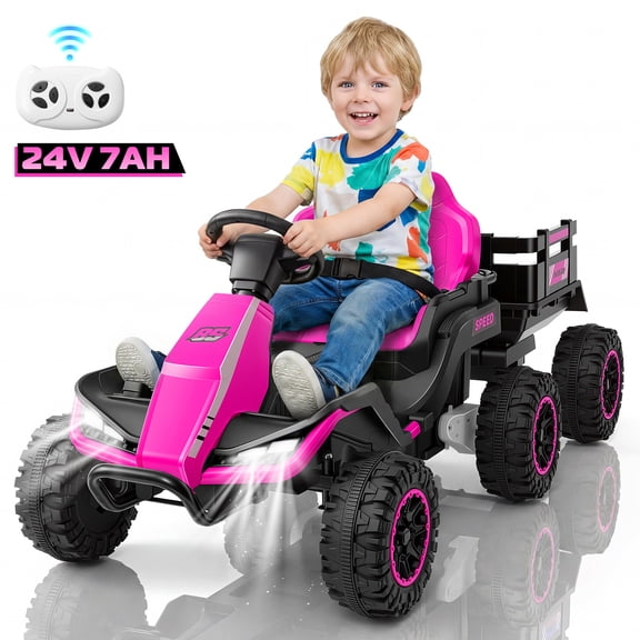 Farmdex 24V Ride on Toys with Remote & Battery Display, 7AH Big Battery Electric Go Kart, 6 Wheeler Ride on Tractor, 3-in-1 Ride on ATV w/ High/Low Speed, Light Control, Bluetooth, 5 MPH, Pink