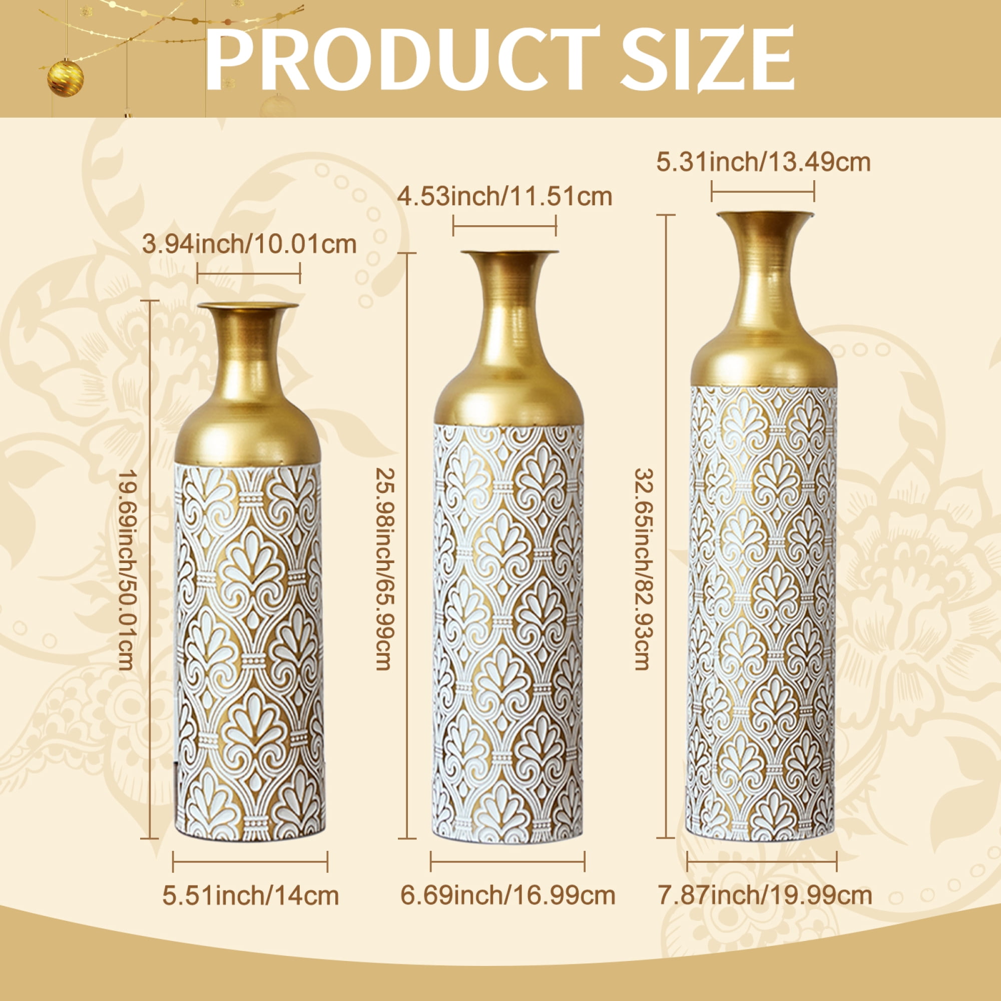 Leumius 3 Pack Gold White Metal Vase Set, Tall Embossed Nested Vases, Semi-Handcrafted Decorative Centerpieces for Home Living Room Floor Fireplace