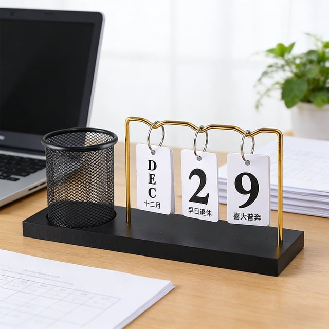 Métal Calendrier à Cartes Rabattable en, Calendrier de Table Réutilisable, Décoration de Bureau, Ornements en Fer Réutilisables avec Porte-Stylo Fonction