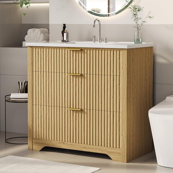 36" Fluted Bathroom Vanity with Sink, Farmhouse Freestanding Bathroom Sink Cabinet with 2 Drawers & 1 Flip-Down Drawer, Easy Assembly & Cleaning, Natural Oak