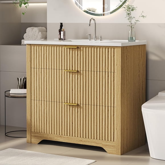 IdealHouse 36" Fluted Bathroom Vanity with Sink, Farmhouse Freestanding Bathroom Sink Cabinet with 2 Drawers & 1 Flip-Down Drawer, Easy Assembly & Cleaning, Natural Oak