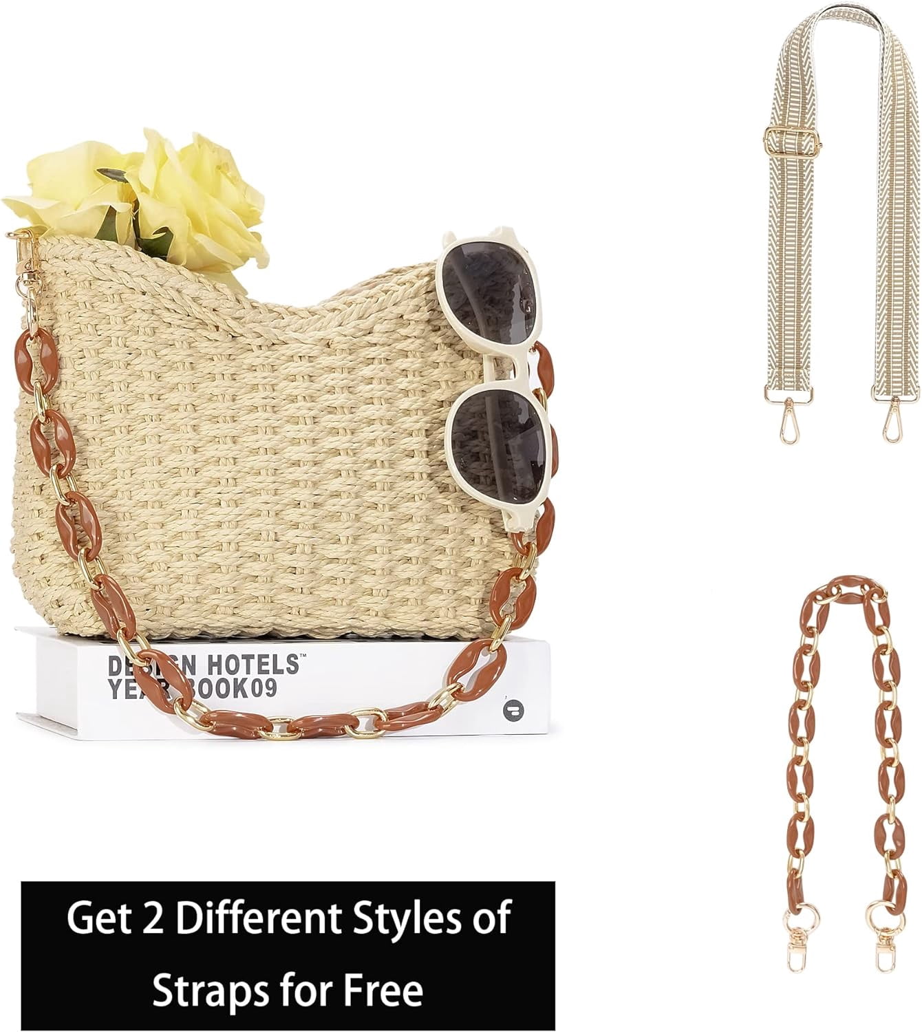 Small Handmade Straw Pocketbook Crossbody Bag for Women, Summer Chic Woven Handbag Shoulder Purse with Chain