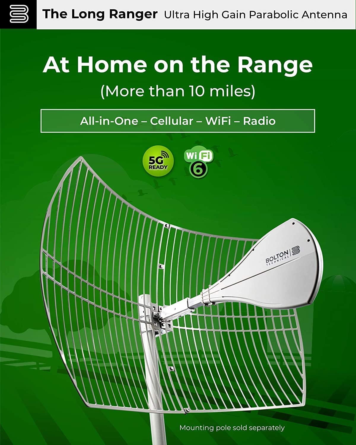 Bolton Technical Long Ranger Antenna | Upgraded Parabolic - Up to 20 Miles Range | All Cell Bands: 5G, 4G, LTE | WiFi 2.4/5 GHz WiFi 6 | High Gain Cellular/WiFi Antenna up to +28 dB | All Carriers