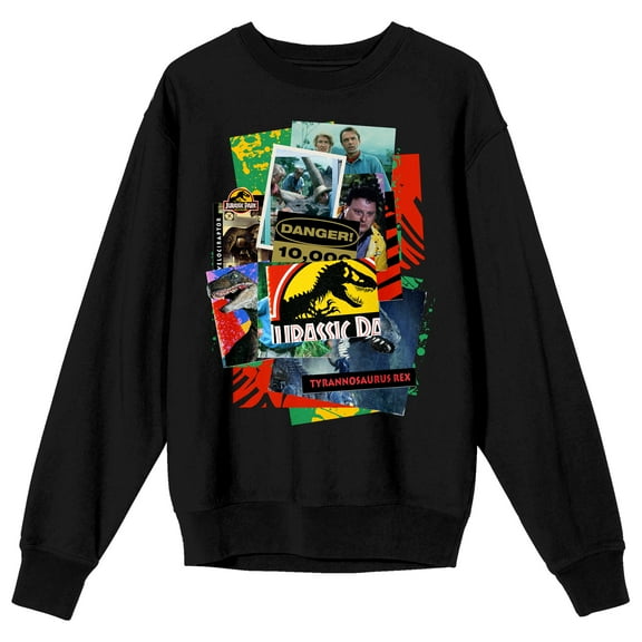 Jurassic Park Movie Collage Art Crew Neck Long Sleeve Black Adult Sweatshirt