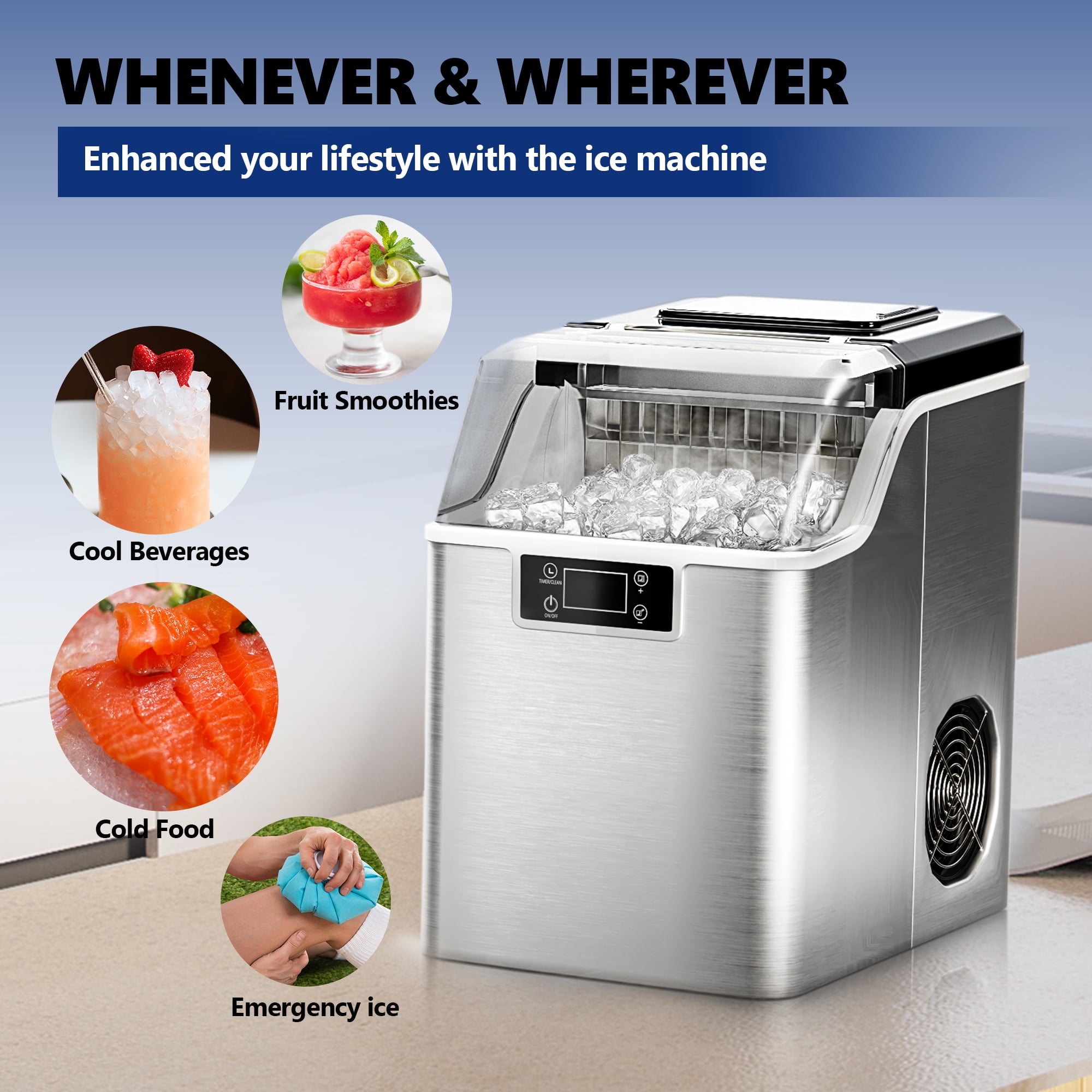 Simzlife Countertop Ice Maker Machine 45lbs/24H 24 Crystal-Clear Square Ice Cubes Ready in 9 Mins, One-Touch Self-Cleaning Ice Machine for Home, Kitchen, Office