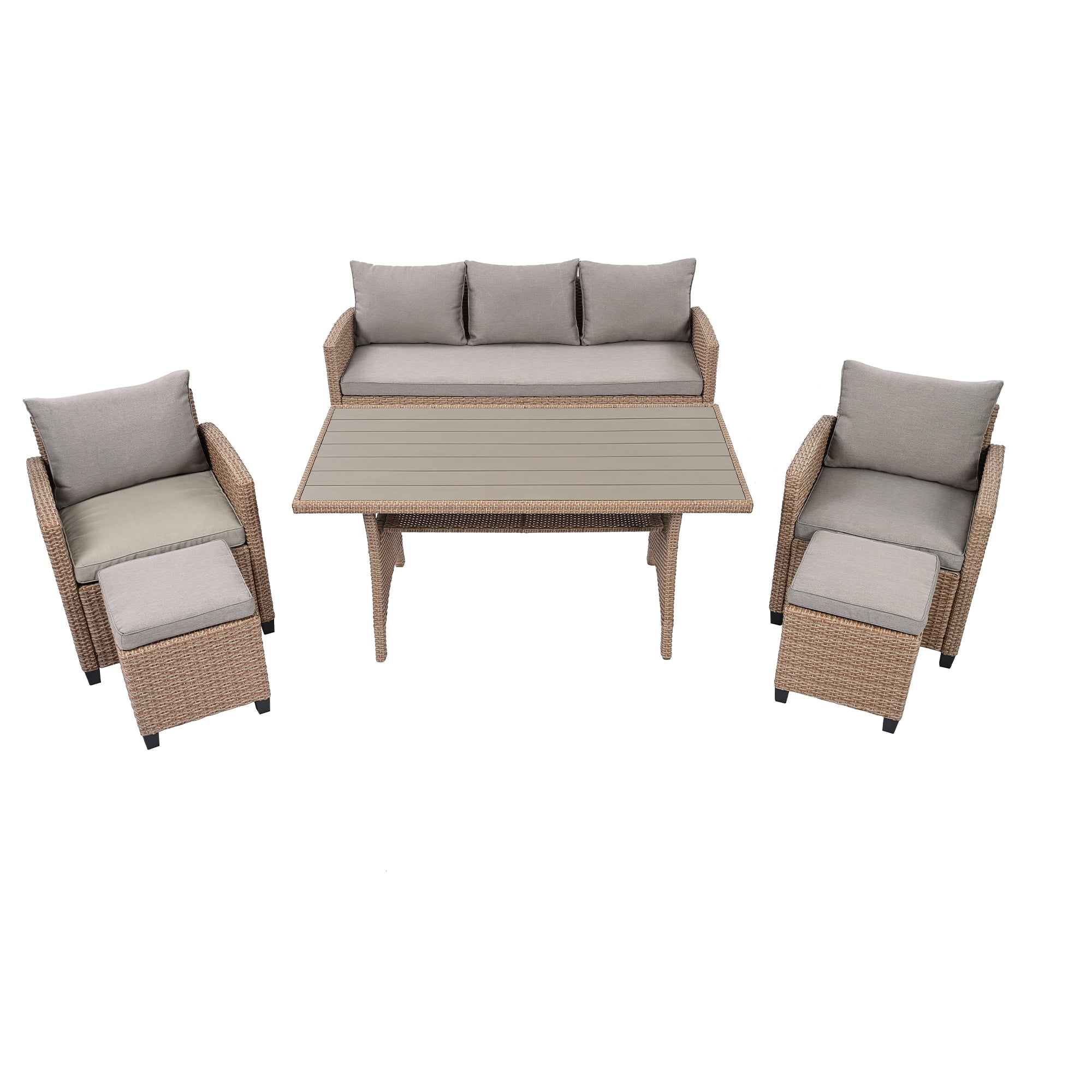 Harper & Bright Designs 6 Pieces Wicker Outdoor Patio Furniture Set with 3-Seater Sofa, 2 Armchairs, Coffee Table & Stools, All-Weather Rattan Conversation Lounge Set for Backyard Garden, Natural