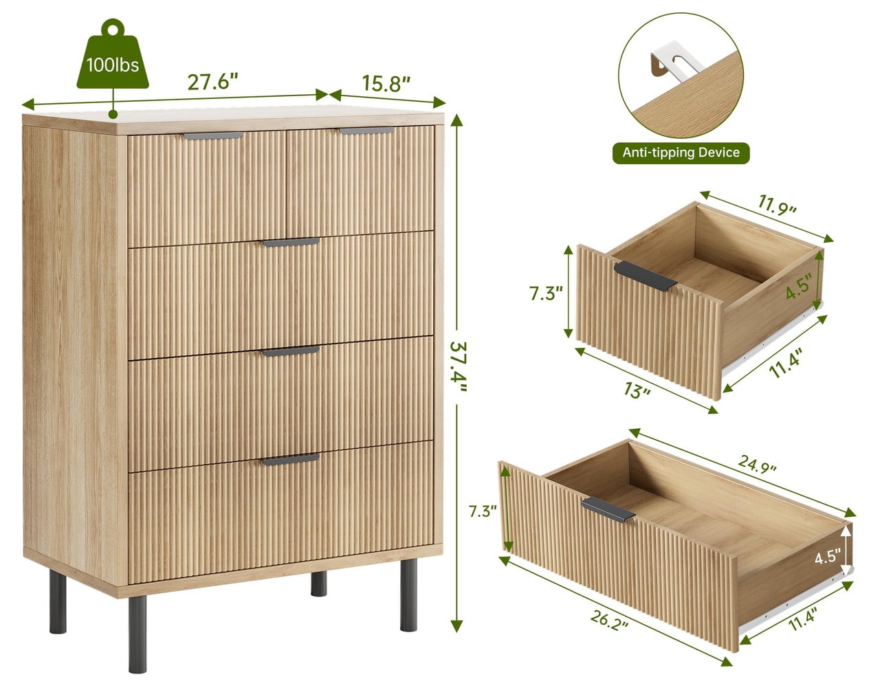 TROPOW Fluted 5 Drawers Dresser, Wide Wood Chest of Drawers, Modern Storage Dresser Chest of Drawers Organizer with Metal Legs and Anti-Tipping Device for Bedroom Living Room