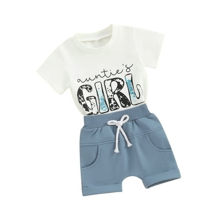 

Suealasg 2Pcs Western Kids Boys Clothes Toddler Baby Boys Summer Beach Outfit 6M 1T 2T 3T Short Sleeve Cow Letter Print Tops and Shorts Set