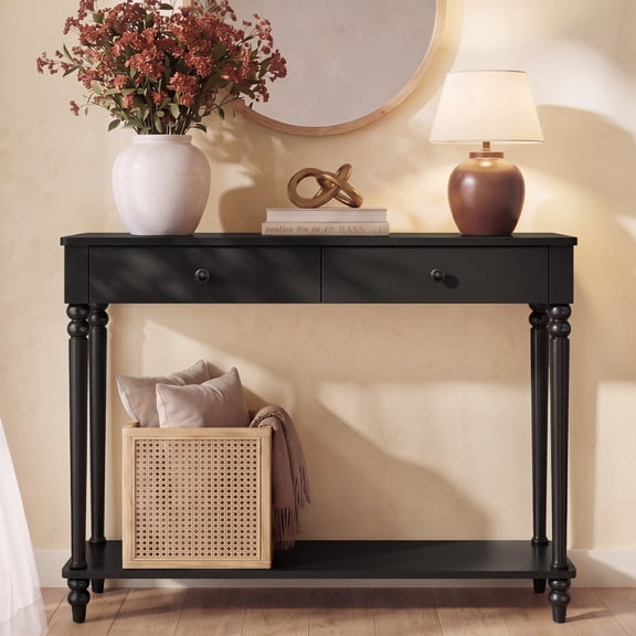 VASAGLE MARIEL Collection - Console Table, Narrow Entryway Sofa Table with Drawers and Shelf, Solid Wood Legs, Mid-Century Modern, Ink Black