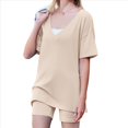 thumbnail image 2 of Conjunto de Dos Piezas para Mujer, Ropa de Verano 2025, Camisetas Extragrandes con Cuello en V, Pantalones Cortos Estilo Motero, Ropa de Estar Cómoda Albaricoque M, 2 of 9