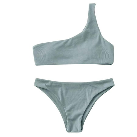 Womens One Shoulder Bikini Set Cheeky 2 Piece Bathing Set Beach Swimwear Tops High Cut Bottoms Summer Swimsuit  Gray  S