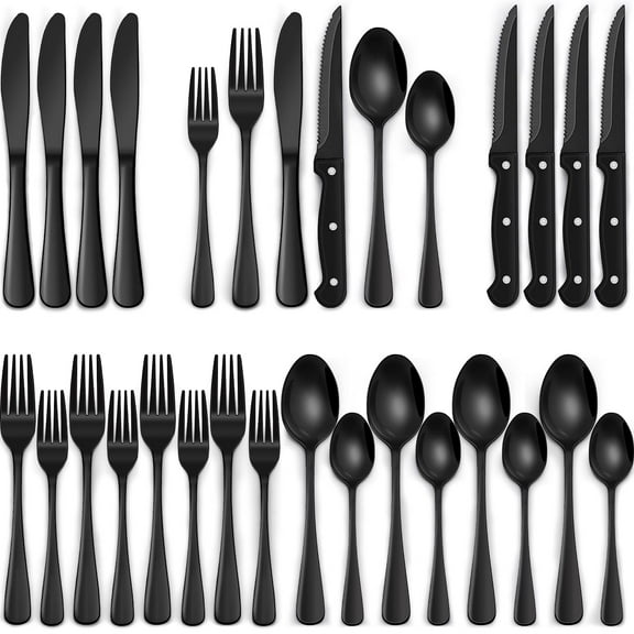36-Piece Black Silverware Set with Steak Knives, Black Flatware Set for 4, Food-Grade Stainless Steel Tableware Cutlery Set, Mirror Finished Utensil Sets for Home Restaurant