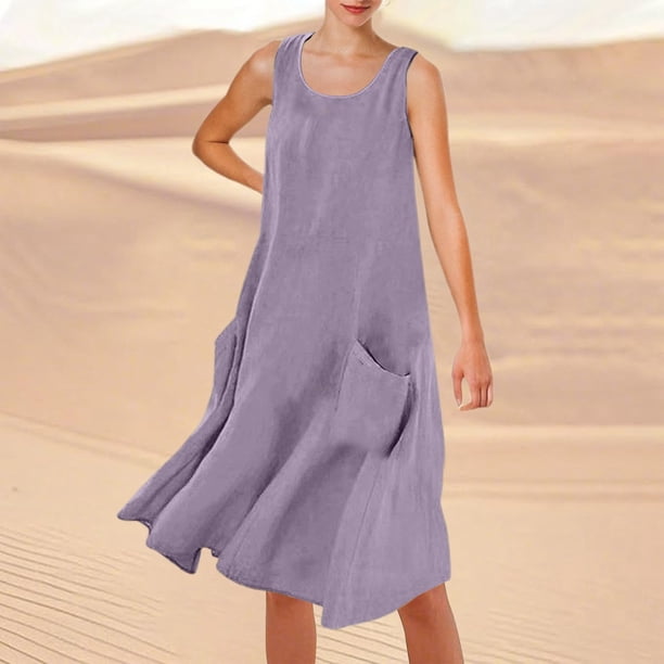 WILLBEST Vestido Lino Mujer Vestido Playero Informal De Verano De Color Liso Sin Mangas Hasta La Rodilla Con Cuello Redondo Y Bolsillos Para Vacaciones, Viajes Y Uso Diario