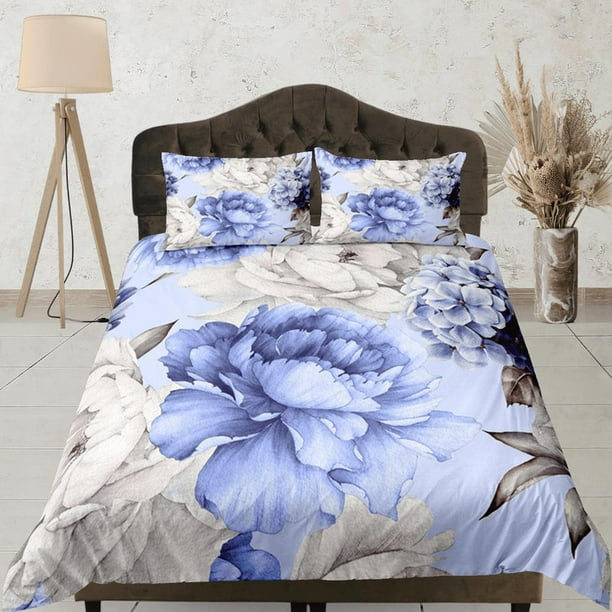 Azul y Blanco Peonía Azul Doona Cubierta, Floral Colcha Dormitorio Set
