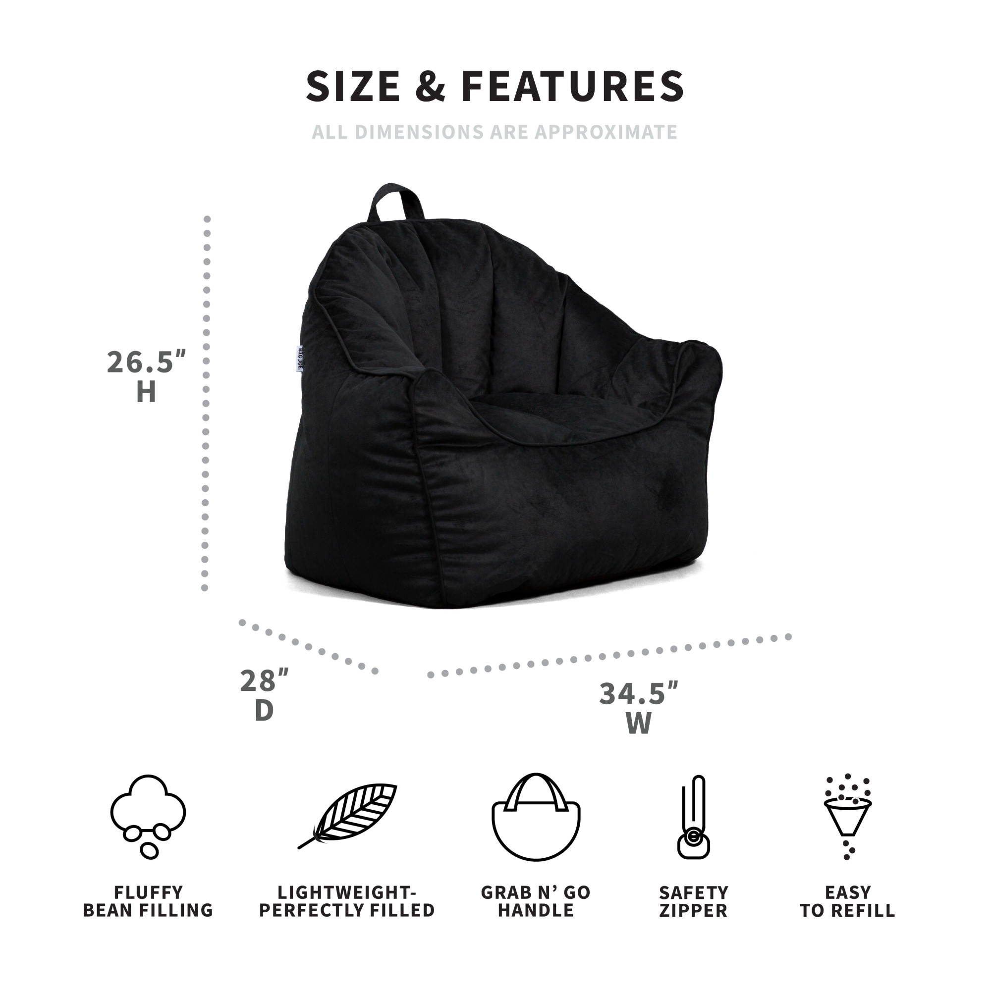 Big Joe Hug Bean Bag Chair, Black Plush, Soft Polyester, 3 feet - image 3 of 8