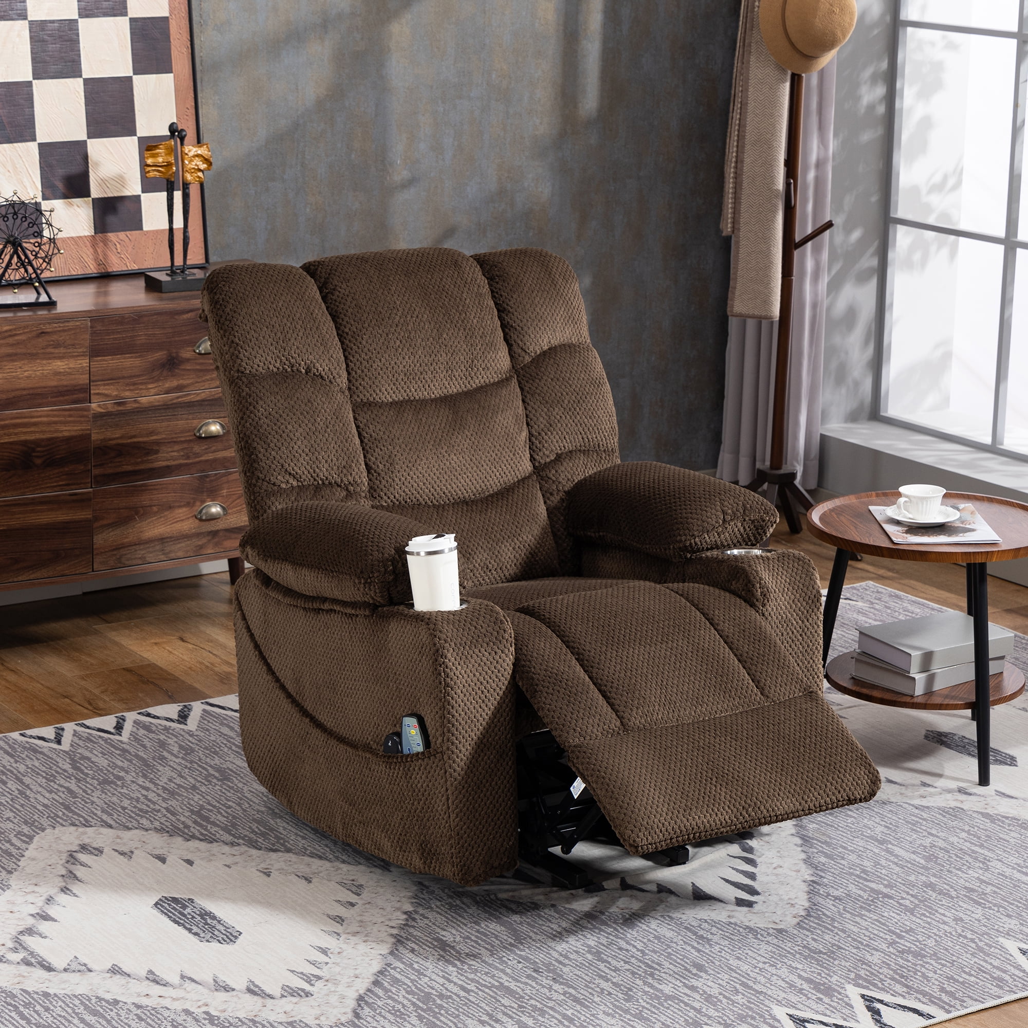 Leumius Power Lift Recliner Chair for Adult,Oversized Recliner with Massage and Heating,Ergonomic Lounge Chair with 2 Cup Holders for Living Room, Bedroom,Brown