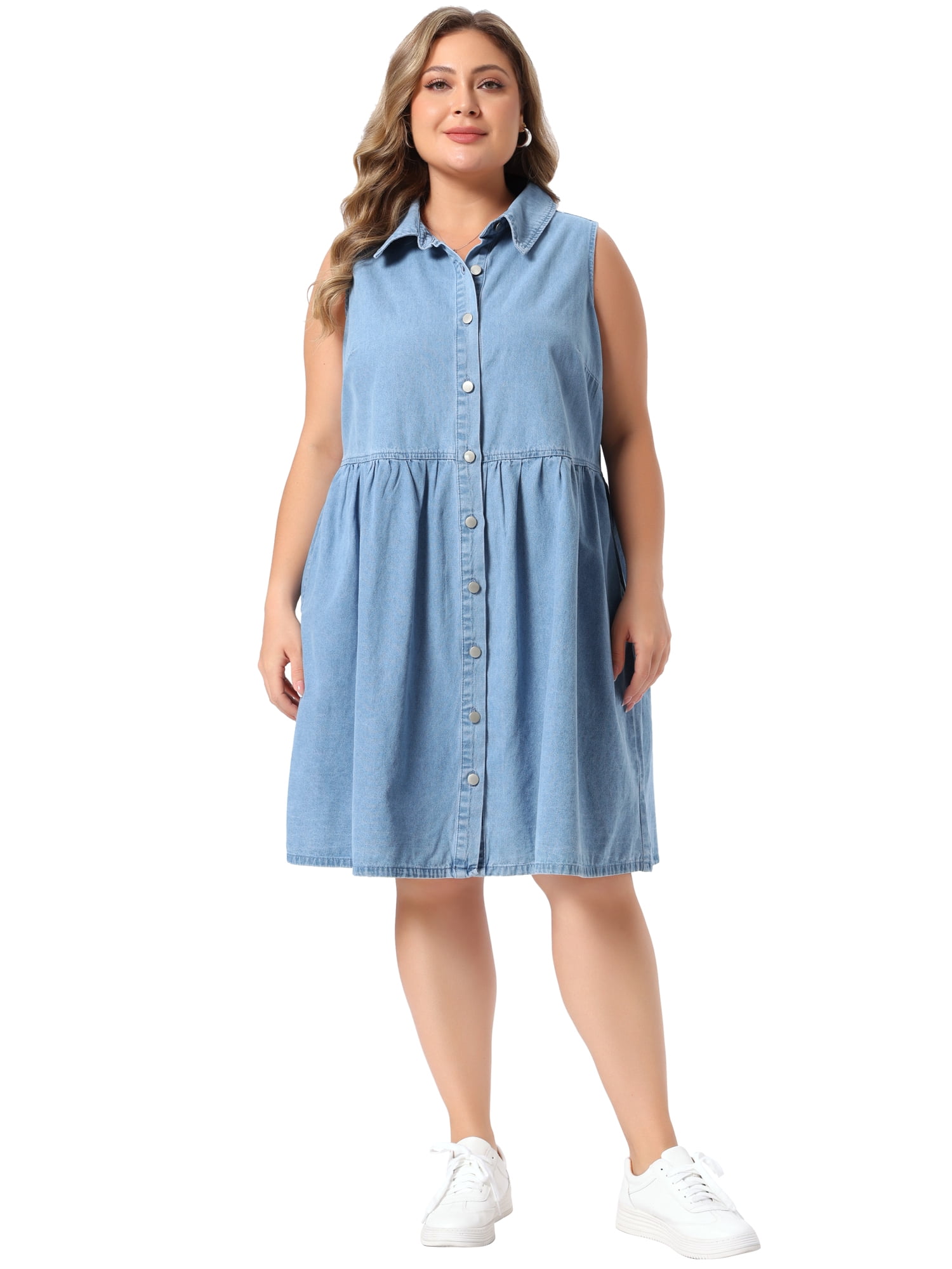 DARING DIVA Women's Plus Denim Dress Sleeveless Babydoll 2X Light Blue