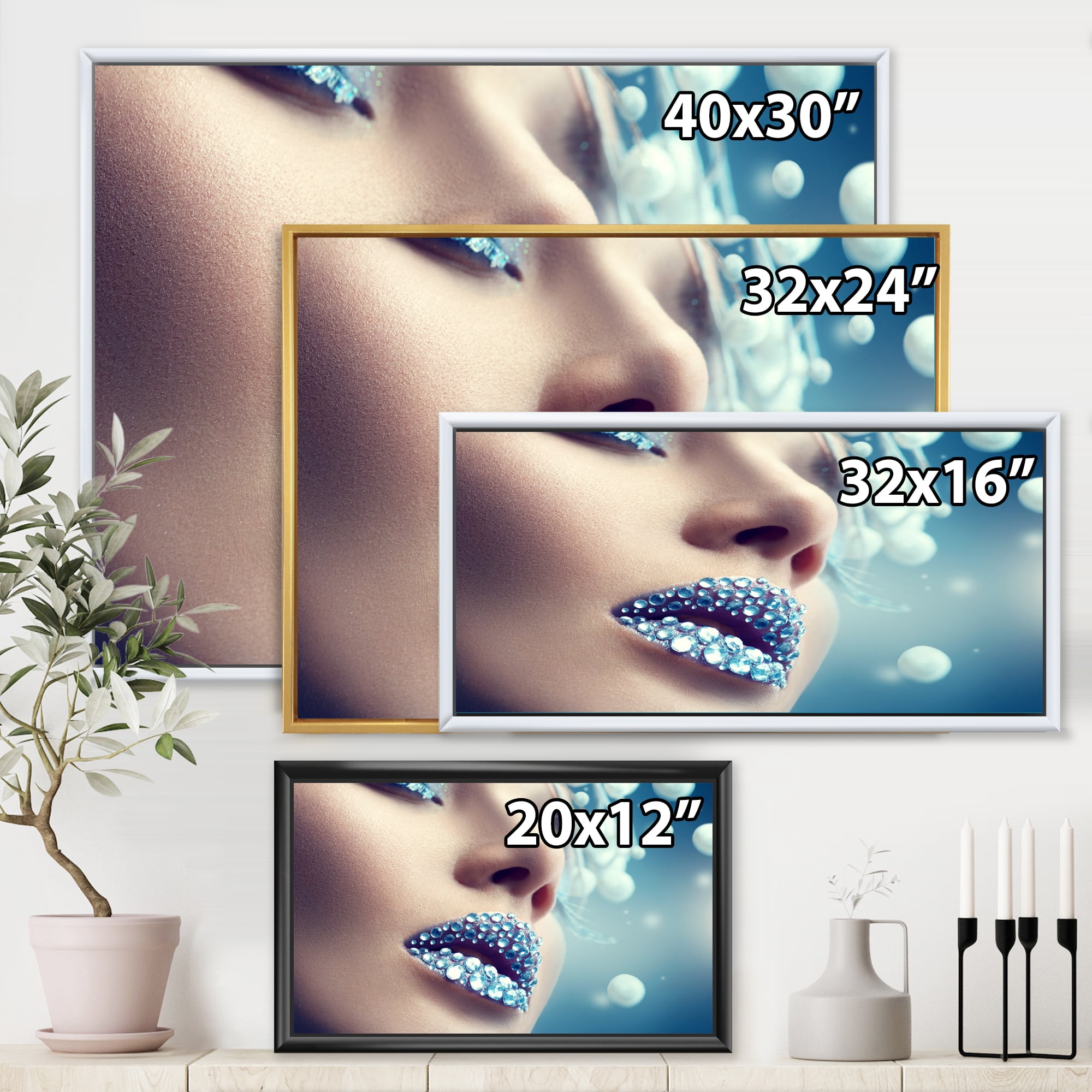 Designart 'Close-Up Of Gems On Female Lips' Modern Framed Canvas Wall Art Print