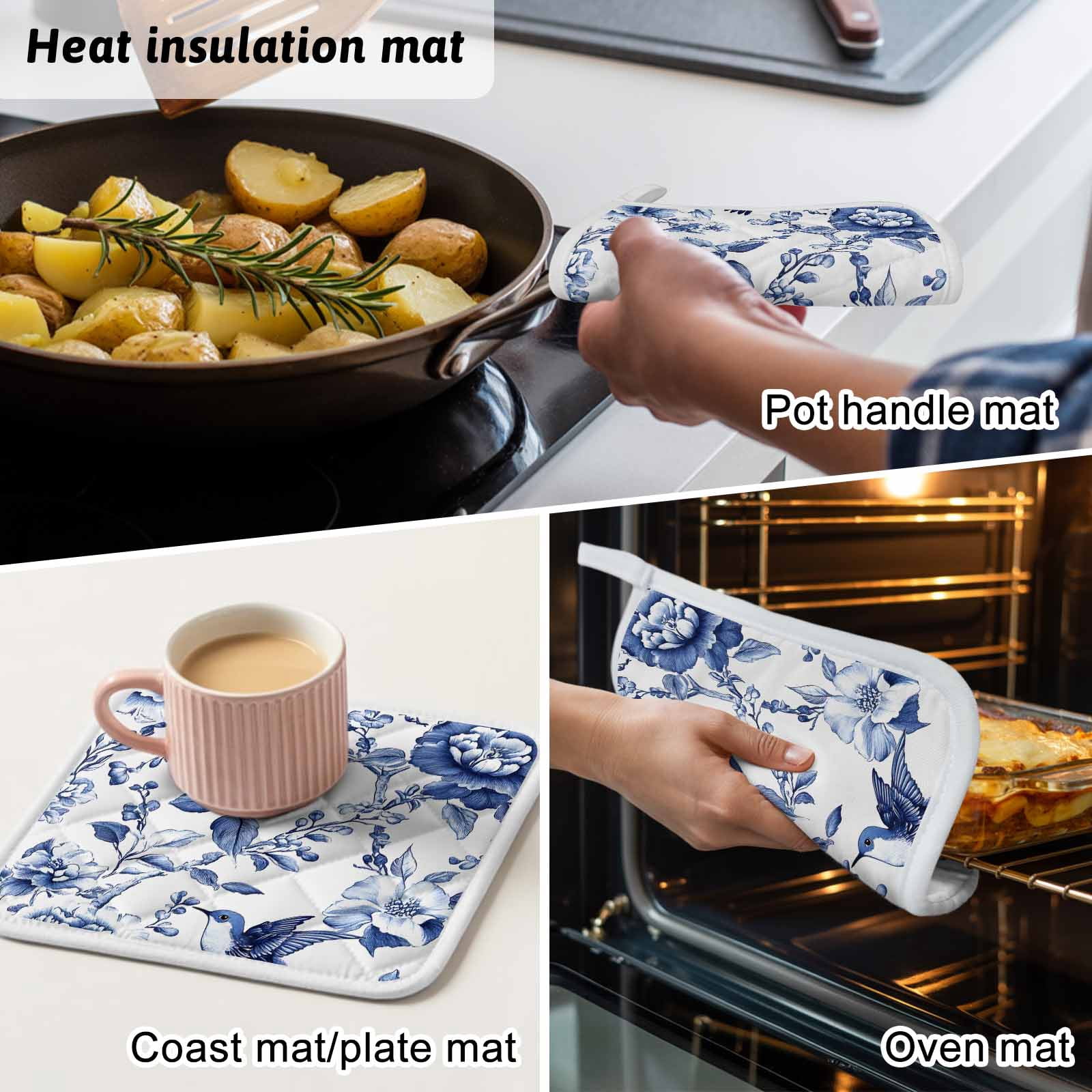 White Blue Spring Floral Pot Holders for Kitchen Heatproof Potholder, 4 Pack Summer Botanical Hummingbird Hot Pads Multipurpose Oven Pads Cloth Potholders Trivet for Cooking and Baking