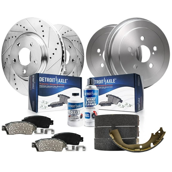 Detroit Axle - Brake Kit for 2004-2008 Toyota Prius Brake Drums Drilled and Slotted Brake Rotors Ceramic Brakes Shoes Brake Pads 2004 2005 2006 2007 2008 Front and Rear Replacement