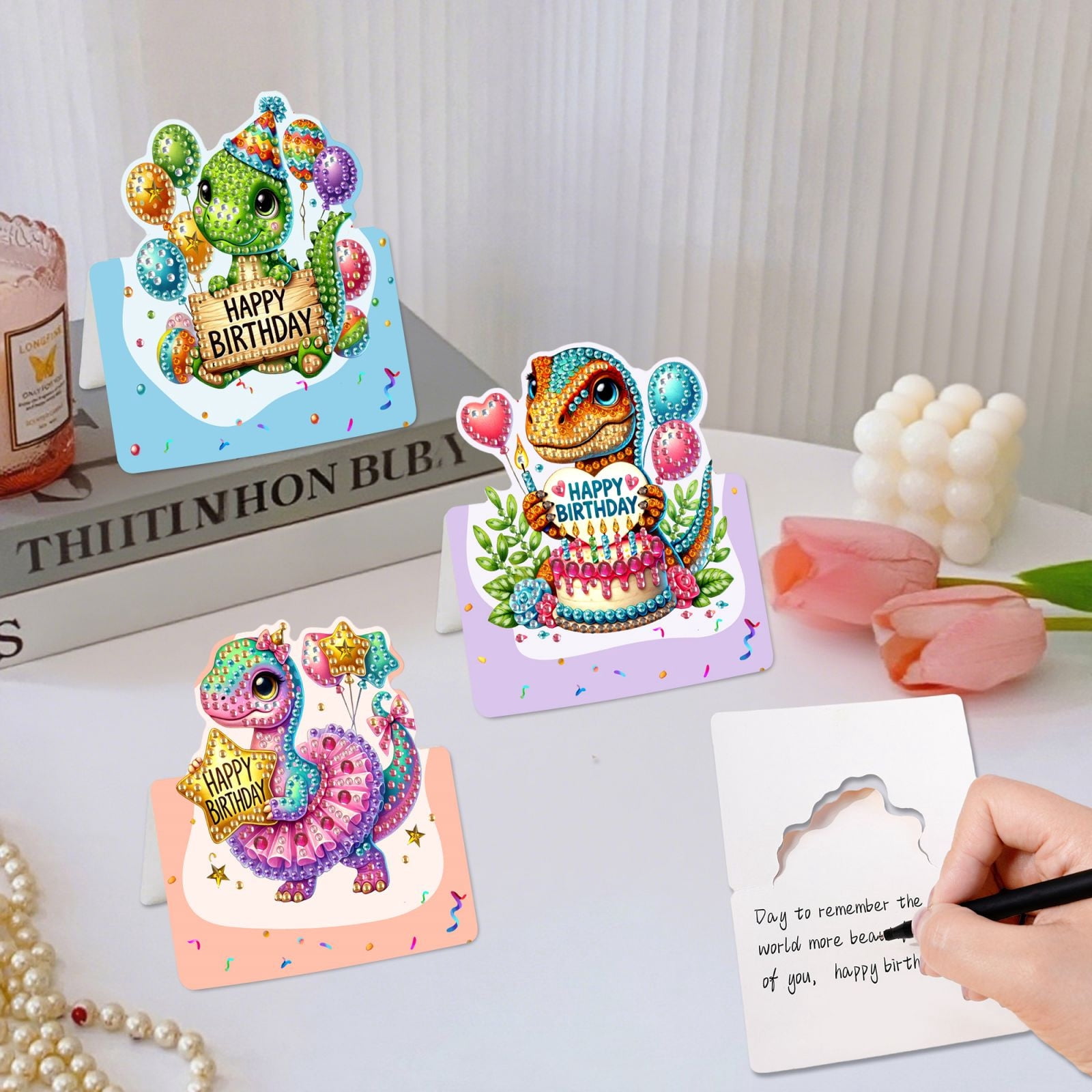 FLOPESN 6Pcs Happy Birthday DIY Diamond Art Painting Greeting Card,3D Folding Card Kit,White 4.5X9.1in Envelopes for Festival Gift-Birthday Dinosaur