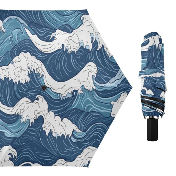 Japanese Style Waves Compact Sun Umbrella Windproof Travel Umbrellas for Rain Strong Portable UV Protection