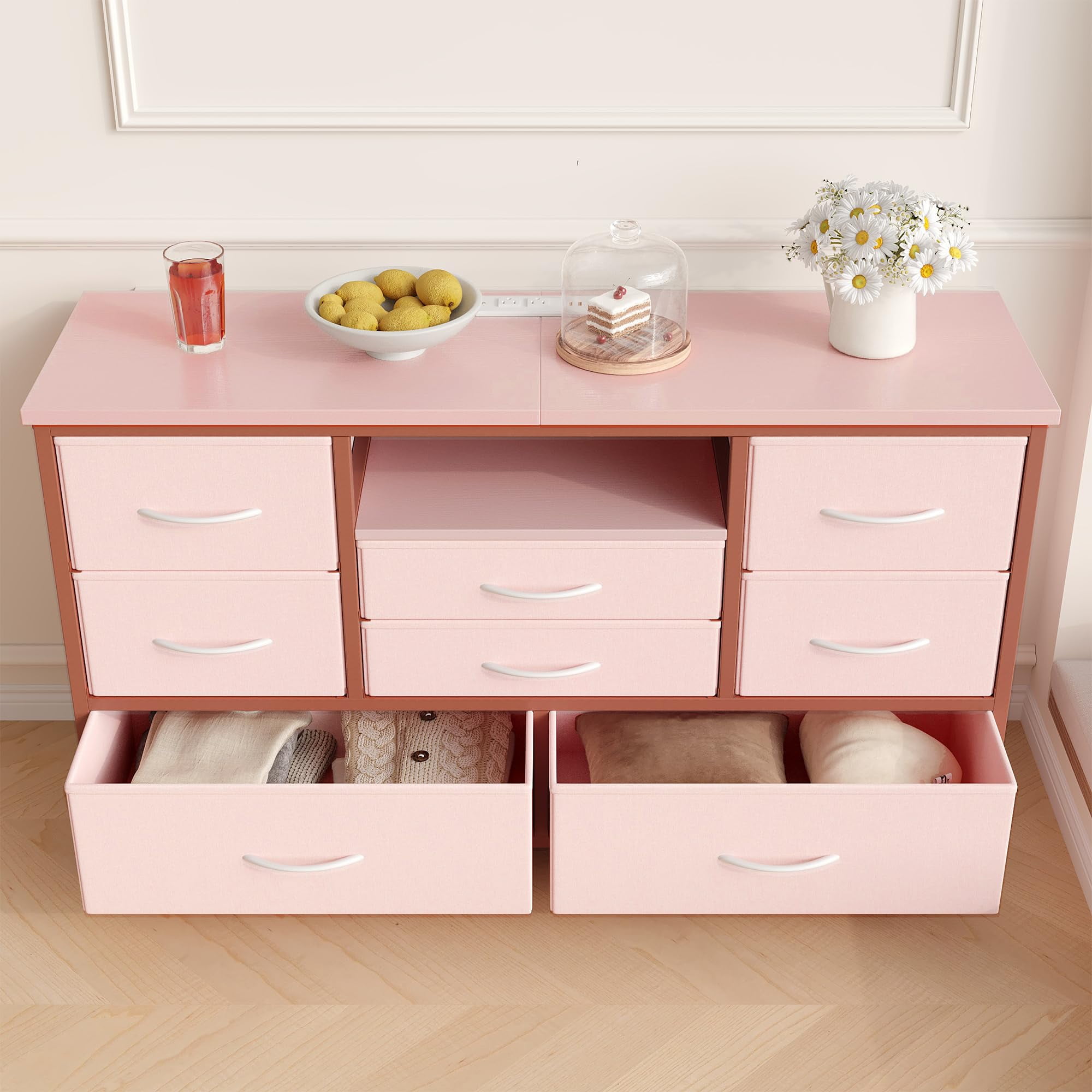 TROPOW Tv Stands for Living Room,8-Drawer Storage Cabinet TV Cabinet for 55-Inch TV Entertainment Center with Adjustable LED Lights, with Electrical Outlets and Cords-Pink