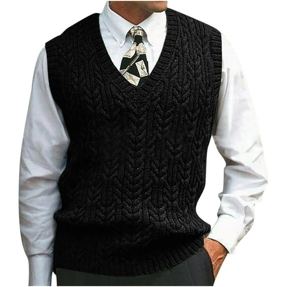 Men's Sweater Vest V Neck Casual Sleeveless Pullover Cable Knit Sweater Vest Black L
