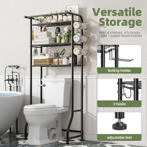 Over The Toilet Storage Cabinet, Metal Bathroom Shelf Organizer with Paper Holder and Hooks, 3 Tier, Black