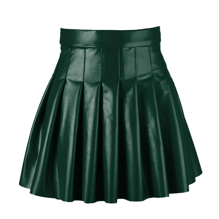 xiuh mini skirt for women solid color pu leather pleated flared skirt high waist ruffle elegeant short skirt green xl
