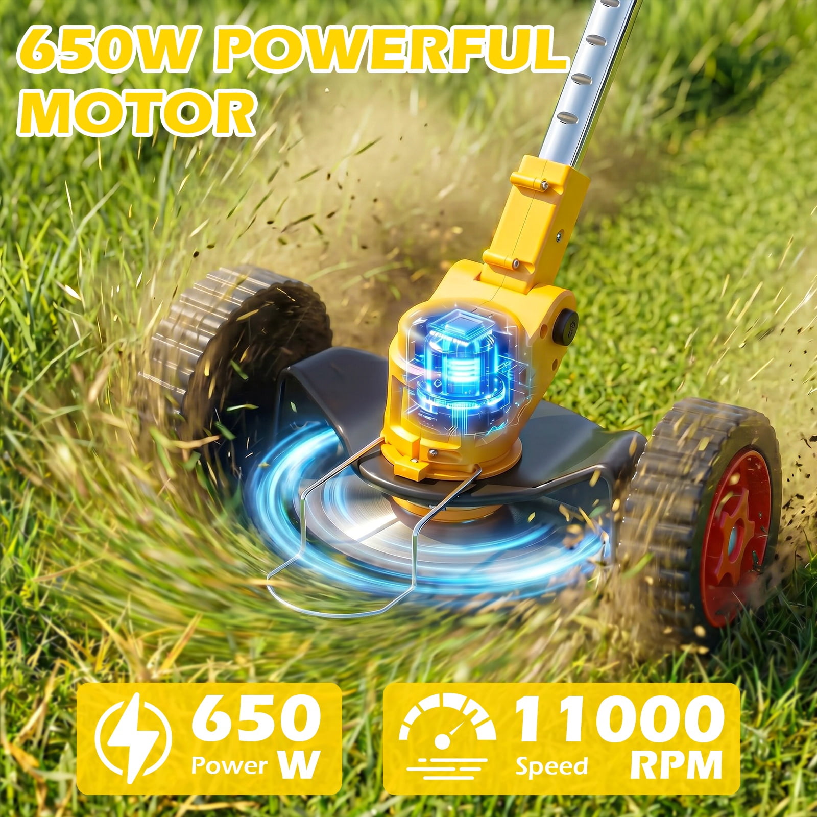 Weed Eaters, Cordless Weed Trimmer with Wheels, 2Pcs 4000mAh Batteries, Adjustable Length, 650W Grass Trimmer/Edger/Brush Cutter for Lawn Yard Garden Maintaining (Yellow)