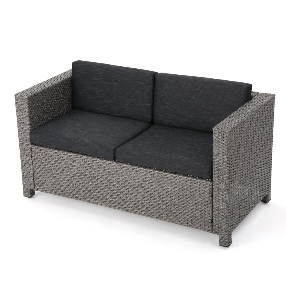 Lorelei Outdoor Wicker Loveseat with Cushions, Grey and Mixed Black