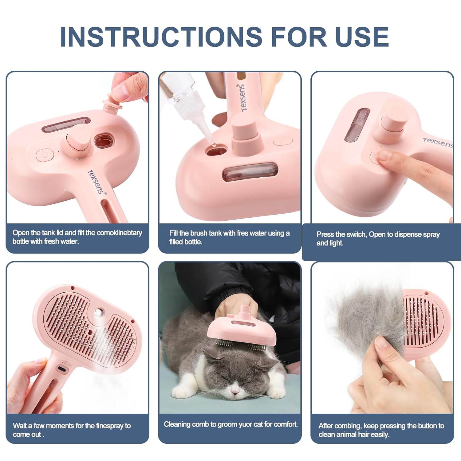 Cat Steam Brush - Steamy Pet Brush for Shedding, Misting Hair Brush for Long & Short Haired Cats, Dogs & Rabbits, Self Cleaning Grooming Tool (Pink)