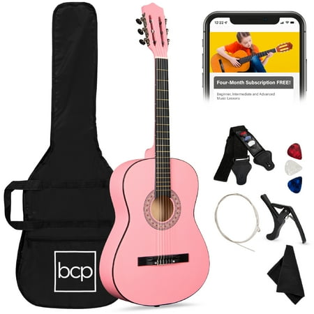 best choice products 38in beginner acoustic guitar starter kit w/ gig bag strap extra strings - pink