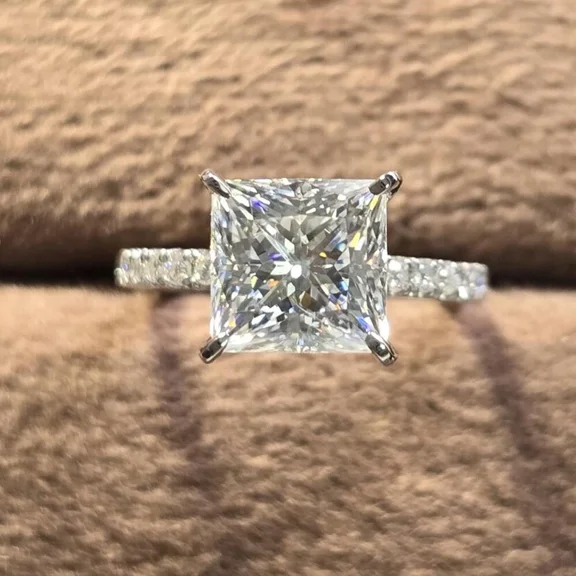 3.87 TCW Princess Cut Moissanite Women's Engagement Ring 14K White Gold Plated