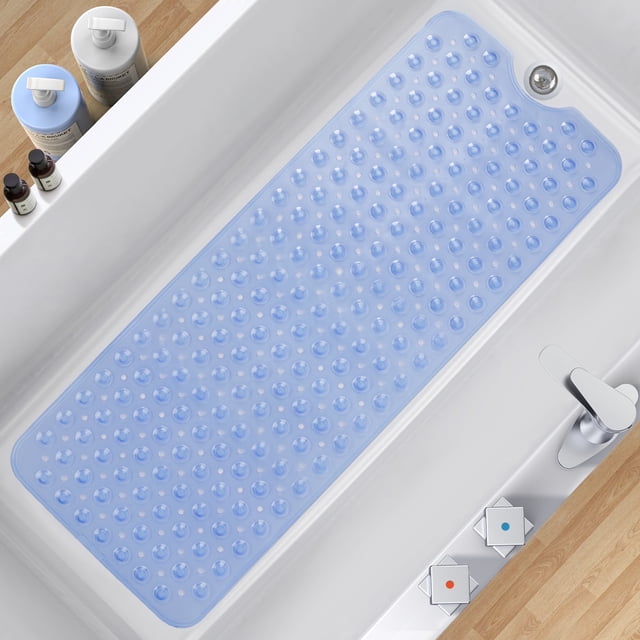 Tapete de Baño Antideslizante Extra Larga con Agujeros de Drenaje y Ventosas, Tapete de 39 x 16 Pulgadas para Bañera y Ducha, Lavable a Máquina Azul Claro